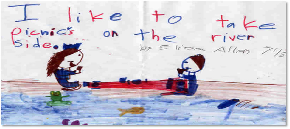 Child's Drawing 'I like to take picnic's on the river side.'