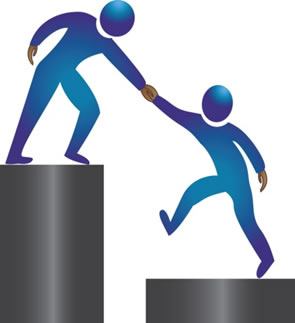 Graphic of one person helping another